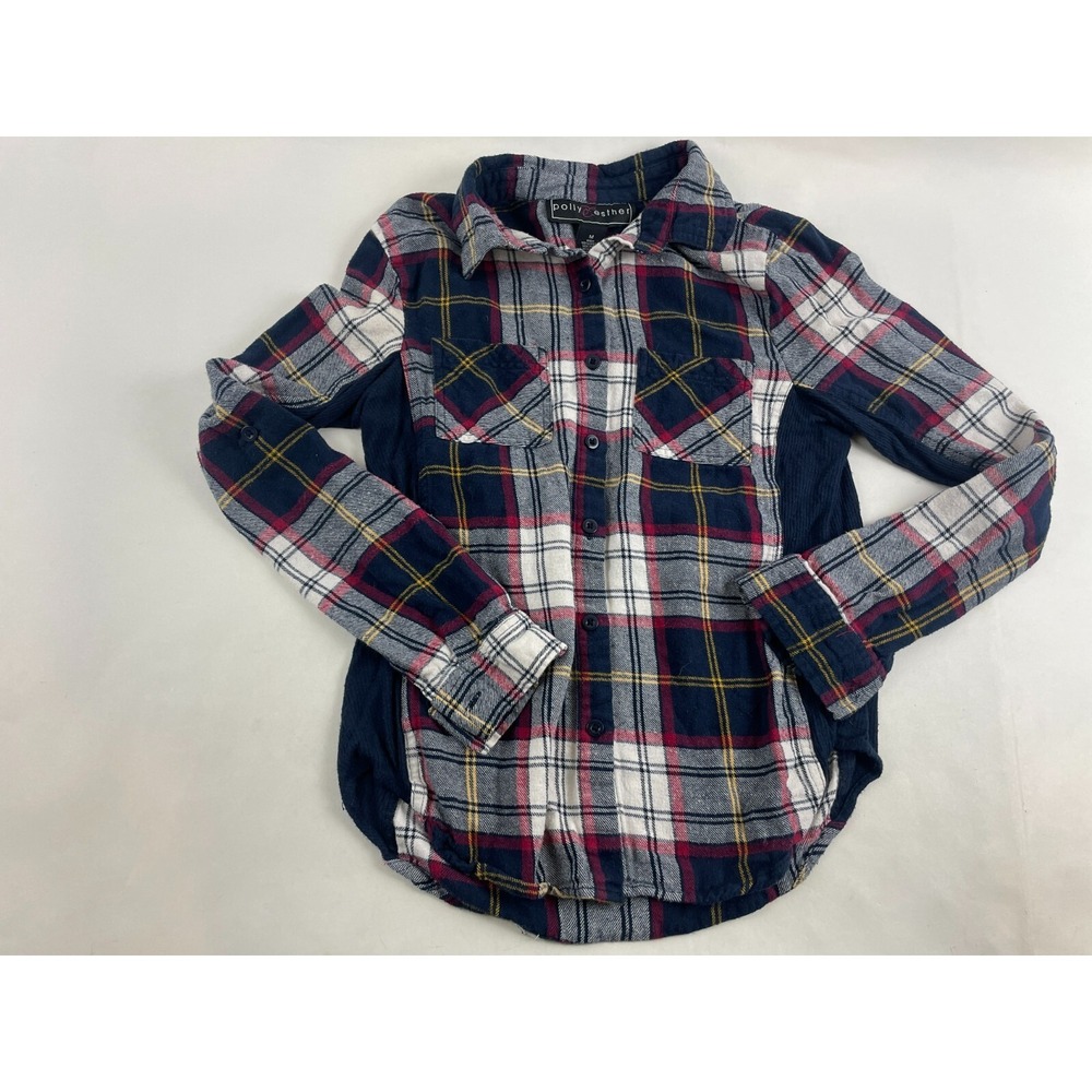 Polly & Esther Shirt Women's Junior Size M Navy Blue Button Up Plaid Pockets